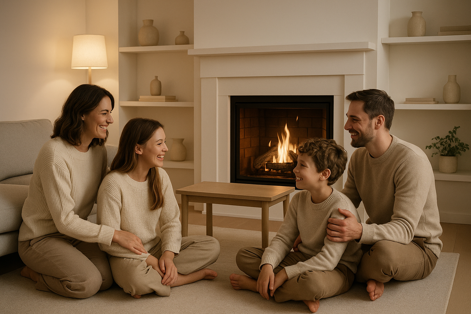 a family sitting around the fireplace surrounded beautiful minimalist decor the family is smiling and looking at each other