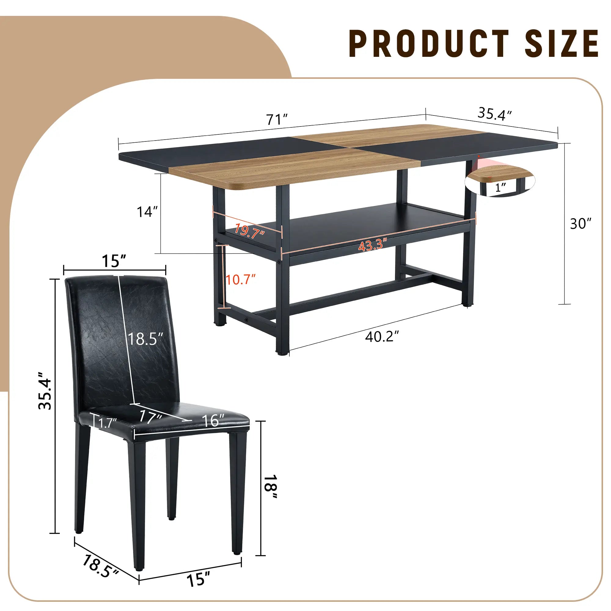 Table and chair set.71*35.4 inch Wooden And Black Spliced Dining Table Sangria Beech