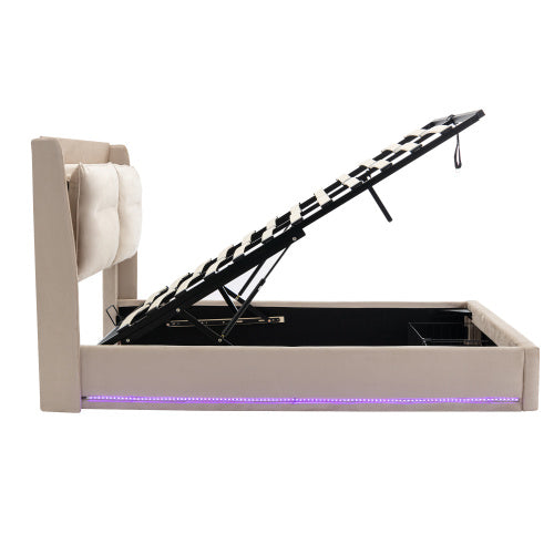 Upholstered Bed, 150x200 5ft King Size Bed, Hydraulic Bed, 2-in-1 Storage Drawers At The End Of The Bed, Recessed LED Light Strips On Both Sides Of The Bed, Slatted Frame, Velvet,Dark Gray