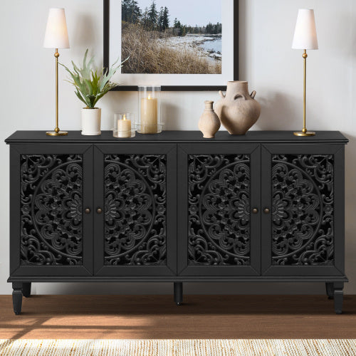 60 Antique Buffet Cabinet With Floral Carvings With Solid Wood Legs&Antique Brass Handles&Adjustable Shelves, TV Stand For 65'' TV, Sideboard For Living Room,Dining Room