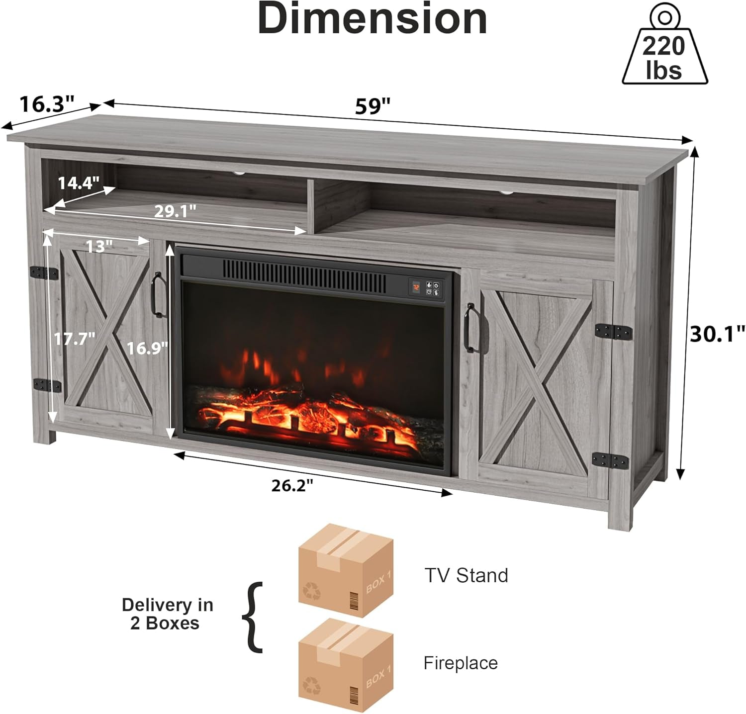Farmhouse Fireplace TV Stand for Tvs up to 65 Inch Highboy Peach Maple