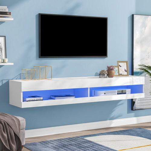 TV Stand With LED Lights, Floating Entertainment Center Media Console, Wall Mounted High Gloss Modern Storage Shelf For Up To 65 TV
