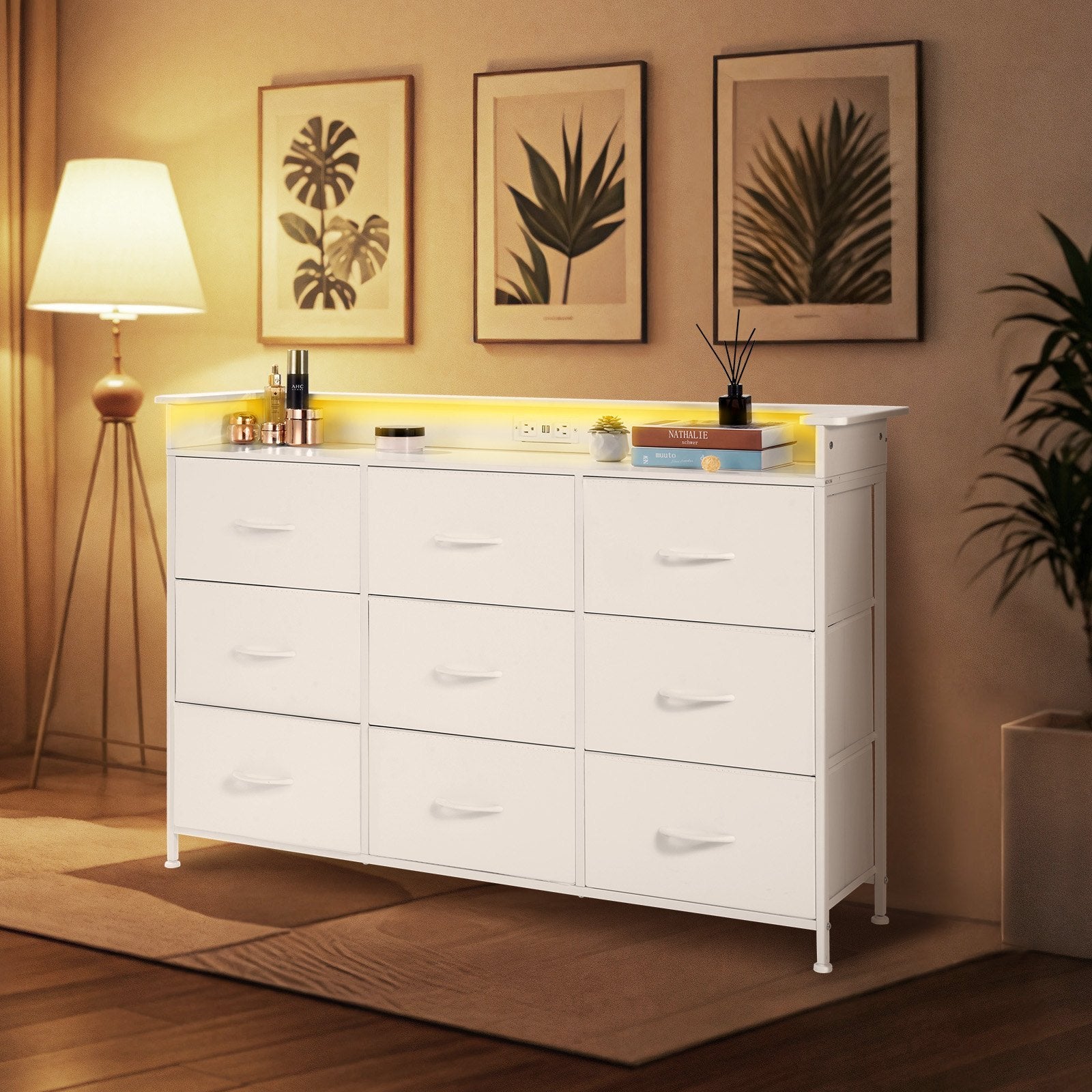 9 Drawer Dresser, Tall Drawer Dresser With Fabric Bin, Closet Storage Drawers With Sturdy Metal Frame, LED Lights & Built-in Outlet, Fabric Storage Tower For Bedroom, Hallway, Closet, White