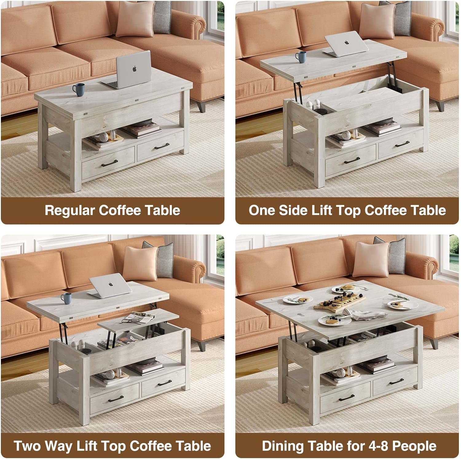 Coffee Table Lift Top, Multi-Function Convertible Coffee Table with Peach Maple
