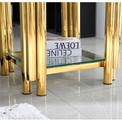Modern Stainless Steel Coffee Table Set  Set Of 2, Double-Layer Clear Tempered Glass Table Top, Coffee Table  End Side Table 2-Pieces Sets For Living Room Home Office CJDropshipping