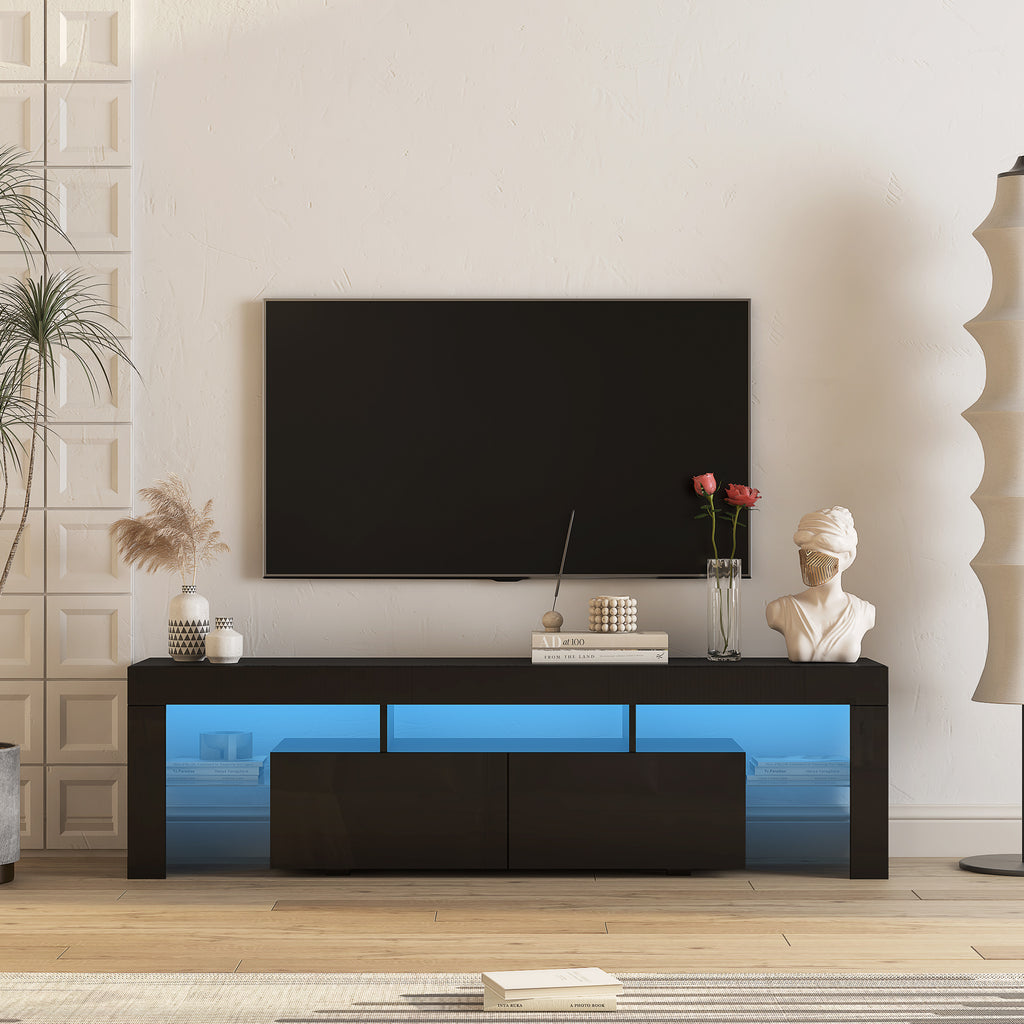 High Gloss TV Stand With LED Lights For TVs Up To , Modern TV Console With Storage Cabinets For Living Room,Black