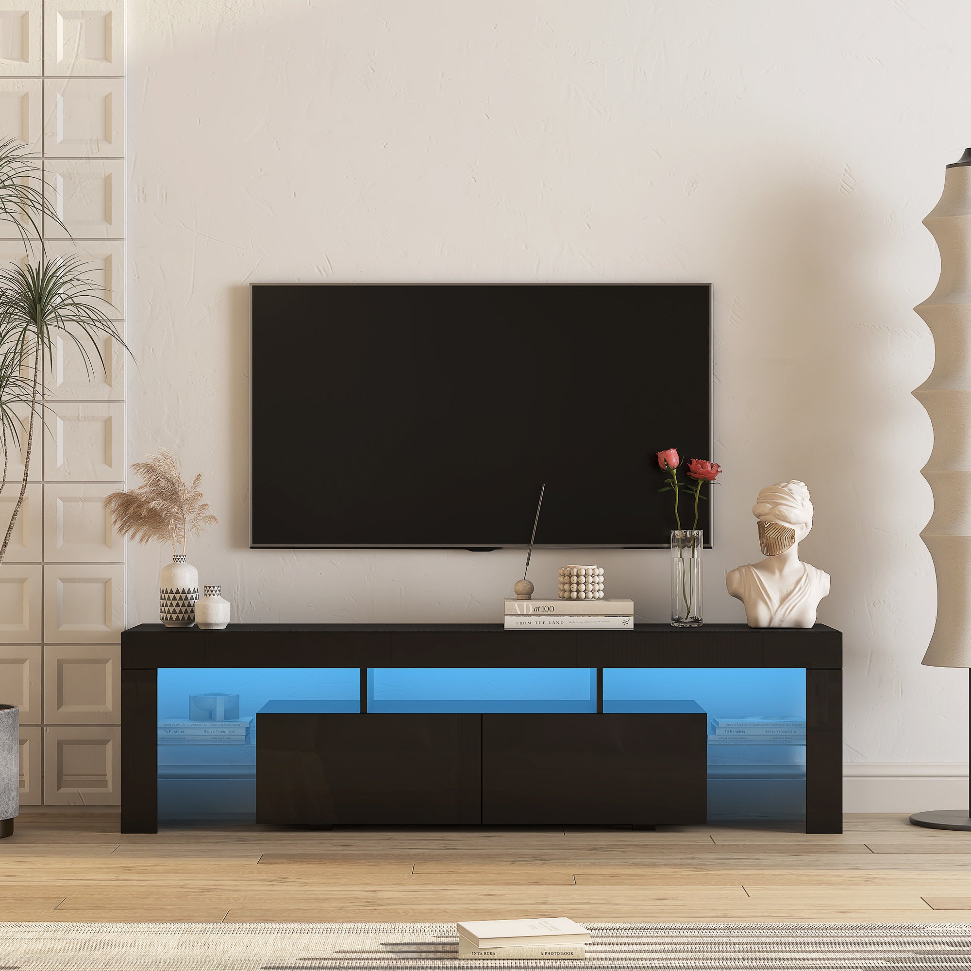 High Gloss TV Stand With LED Lights For TVs Up To , Modern TV Console With Storage Cabinets For Living Room,Black
