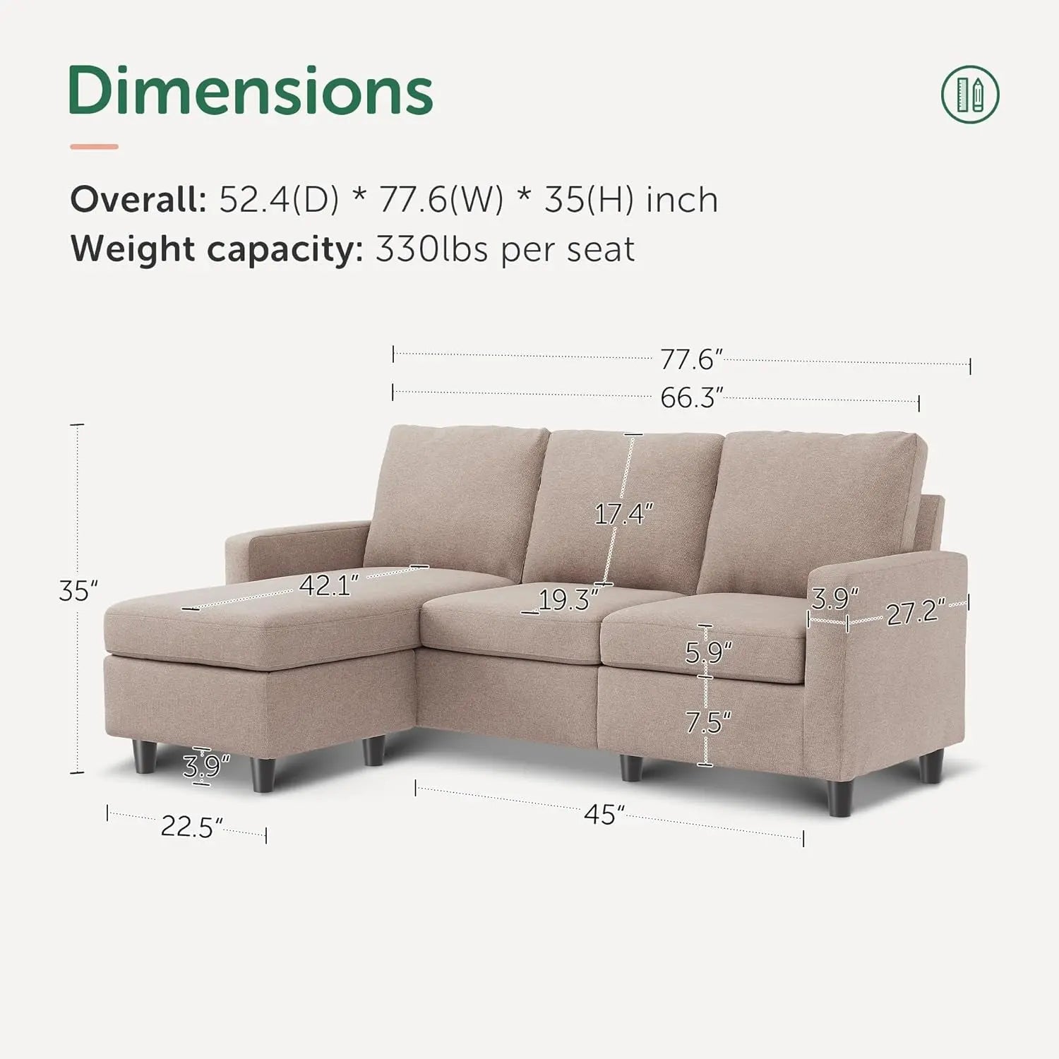Dark Beige Linen L-Shaped Sectional, Reversible Couch Peach Maple