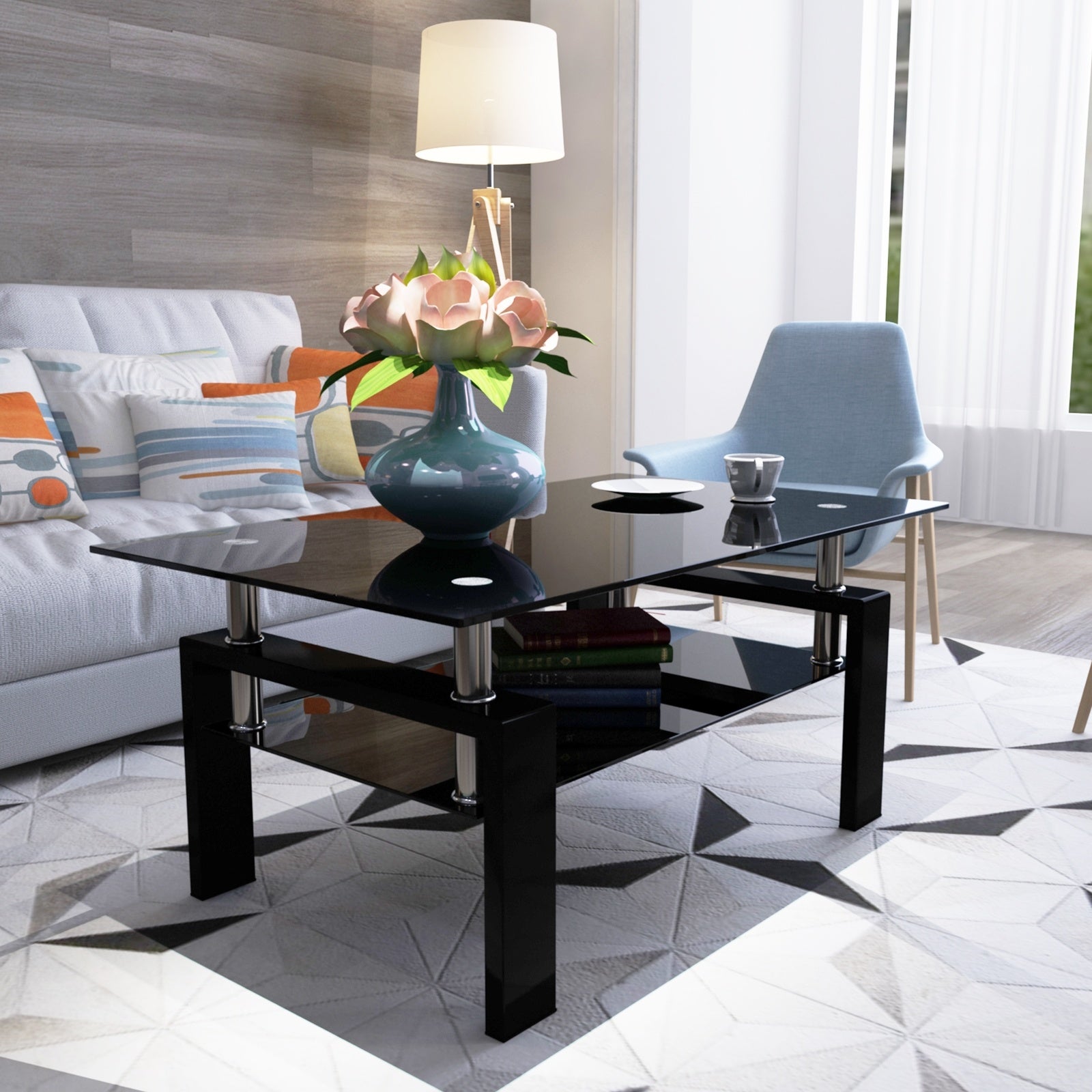 Black Glass Rectangle Coffee Table Modern Side Center For Living Room CJDropshipping