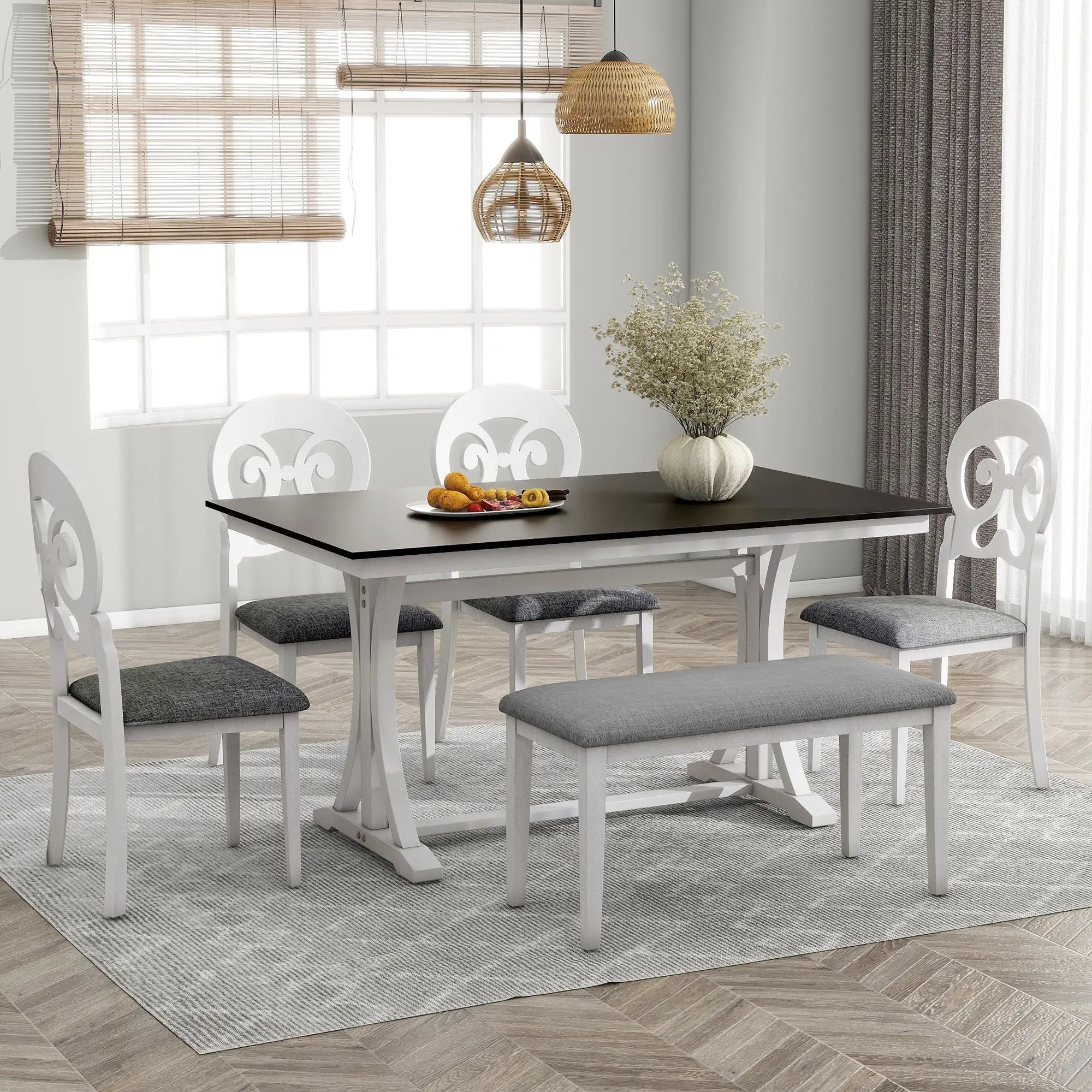 Mid-Century 6-Piece Trestle Table Set with Victorian Round Upholstered Sangria Beech