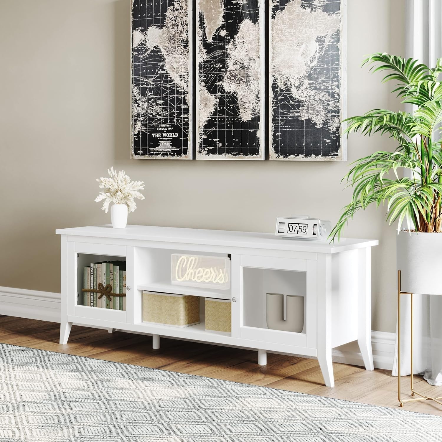 TV Stand - 55-Inch Storage Cabinet with 2 Cubbies and 2 Shelves - Peach Maple