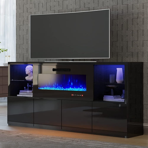 Modern TV Stand with Electric Fireplace and LED Lights Peach Maple