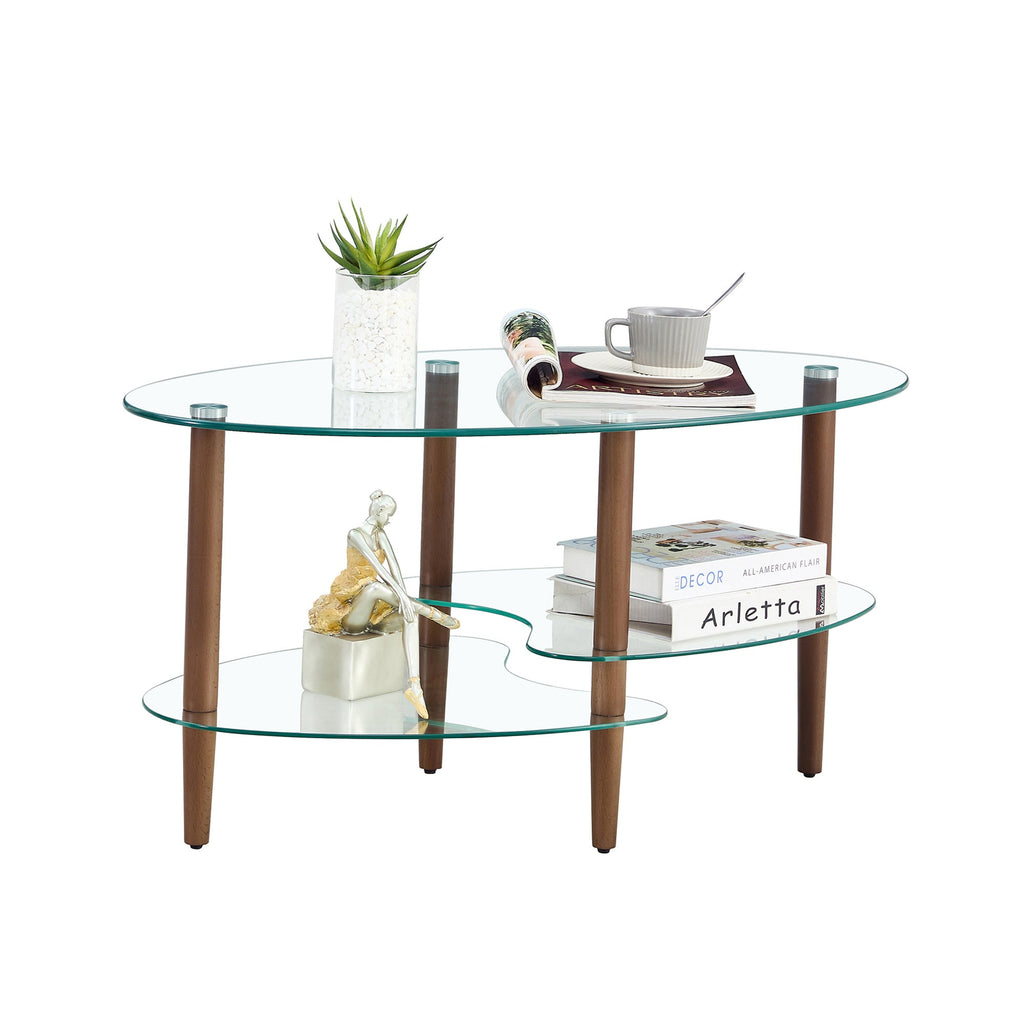 Transparent Oval Glass Coffee Table, Modern Living Room Table, Oak Leg Coffee Table, Three-layer Glass Table CJDropshipping