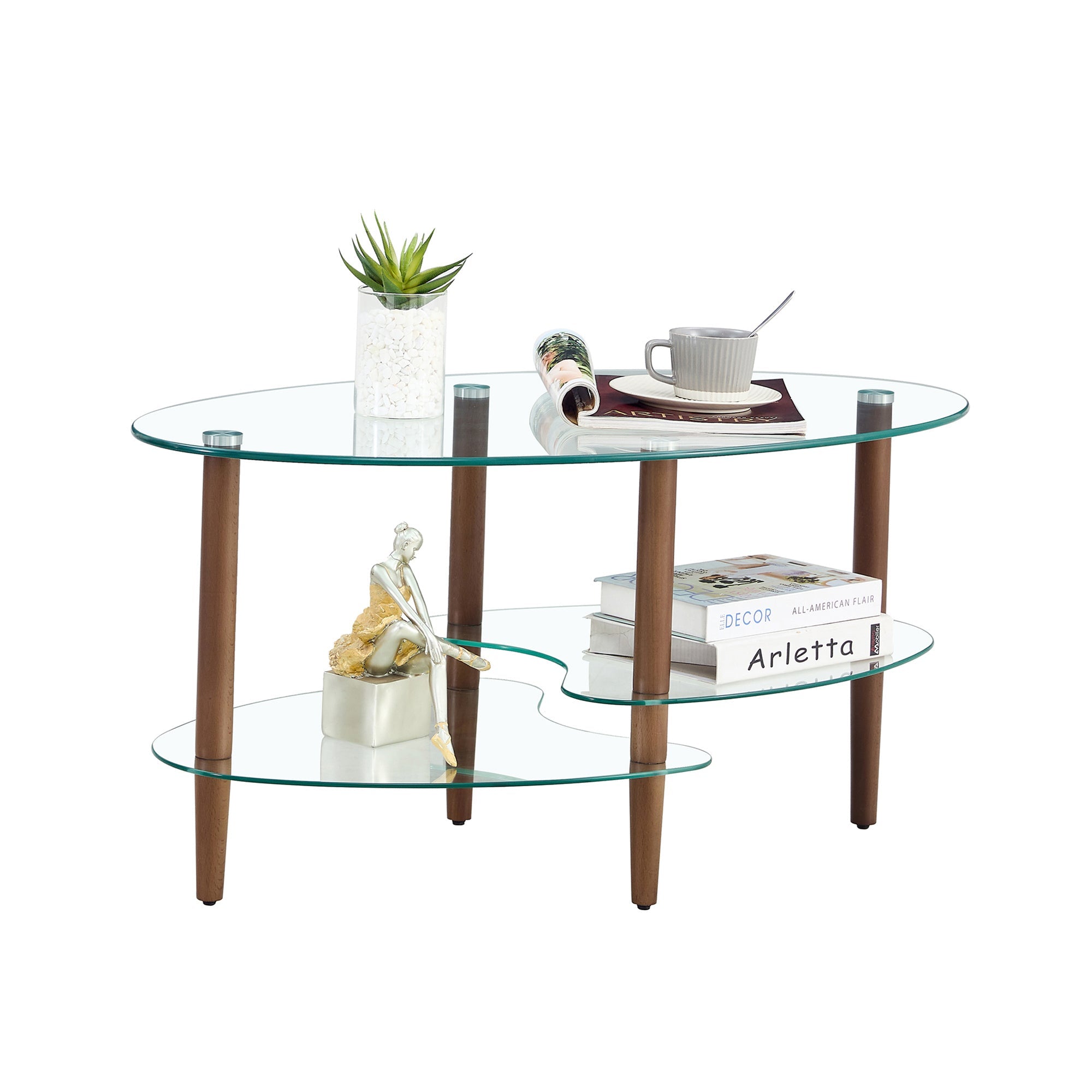 Transparent Oval Glass Coffee Table, Modern Living Room Table, Oak Leg Coffee Table, Three-layer Glass Table CJDropshipping