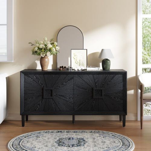 60'' Premium Rustic American Farmhouse Credenza - Symmetrical Sunburst Door Design, Heavy-Duty Antique Wood TV Stand With Adjustable Shelves, Storage Cabinet For Living Room Kitchen  Antique Natural