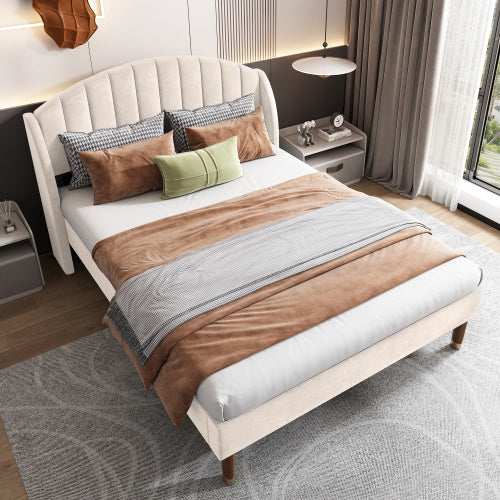 Upholstered Bed,Double Bed-4ft6 135x190cm,with Slatted Frame And Headboard, Youth Bed, Wooden Slatted Support, Easy Assembly, Velvet, Beige