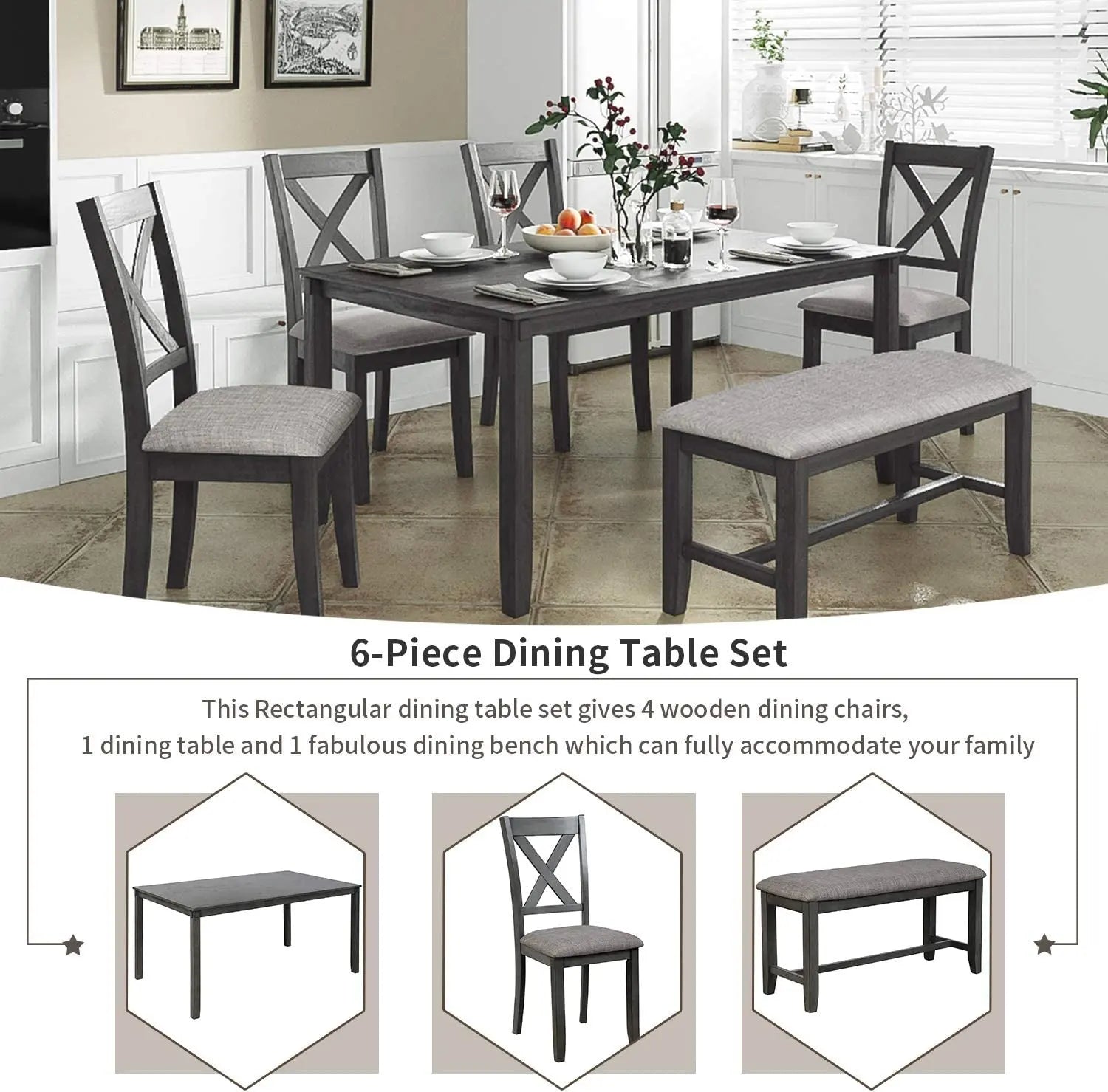 Grey Wooden Rectangular Dining Table Set of 6 Peach Maple