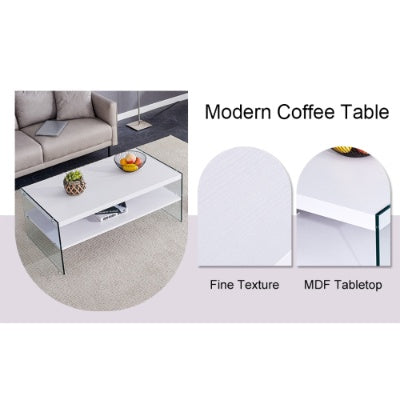 Double Rectangular Coffee Table. The Board Surface Is MDF, With White Stickers, And Both Sides Are Transparent Tempered Glass. Suitable For Living Room, Bedroom And Other Occasions CJDropshipping