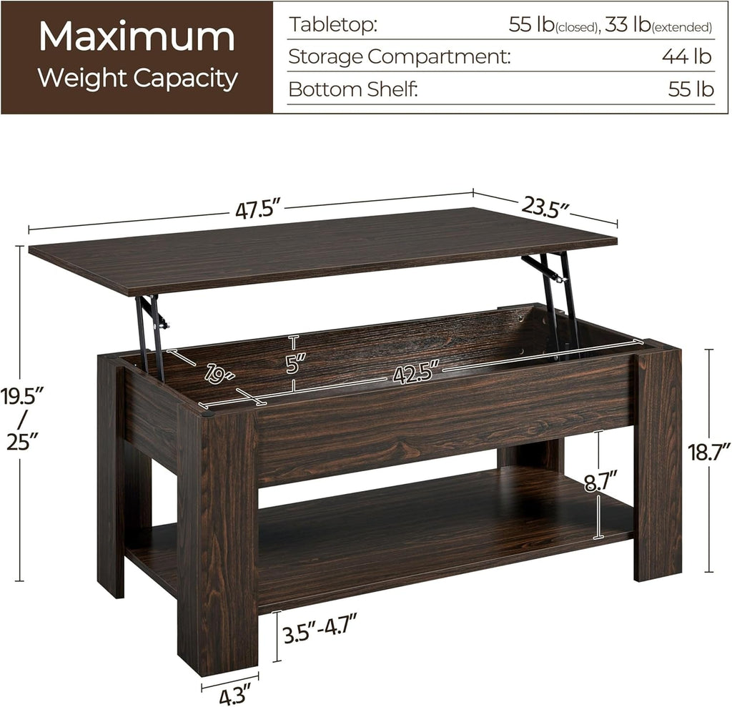 Lift Top Coffee Table with Hidden Compartment and Storage Shelf, Peach Maple