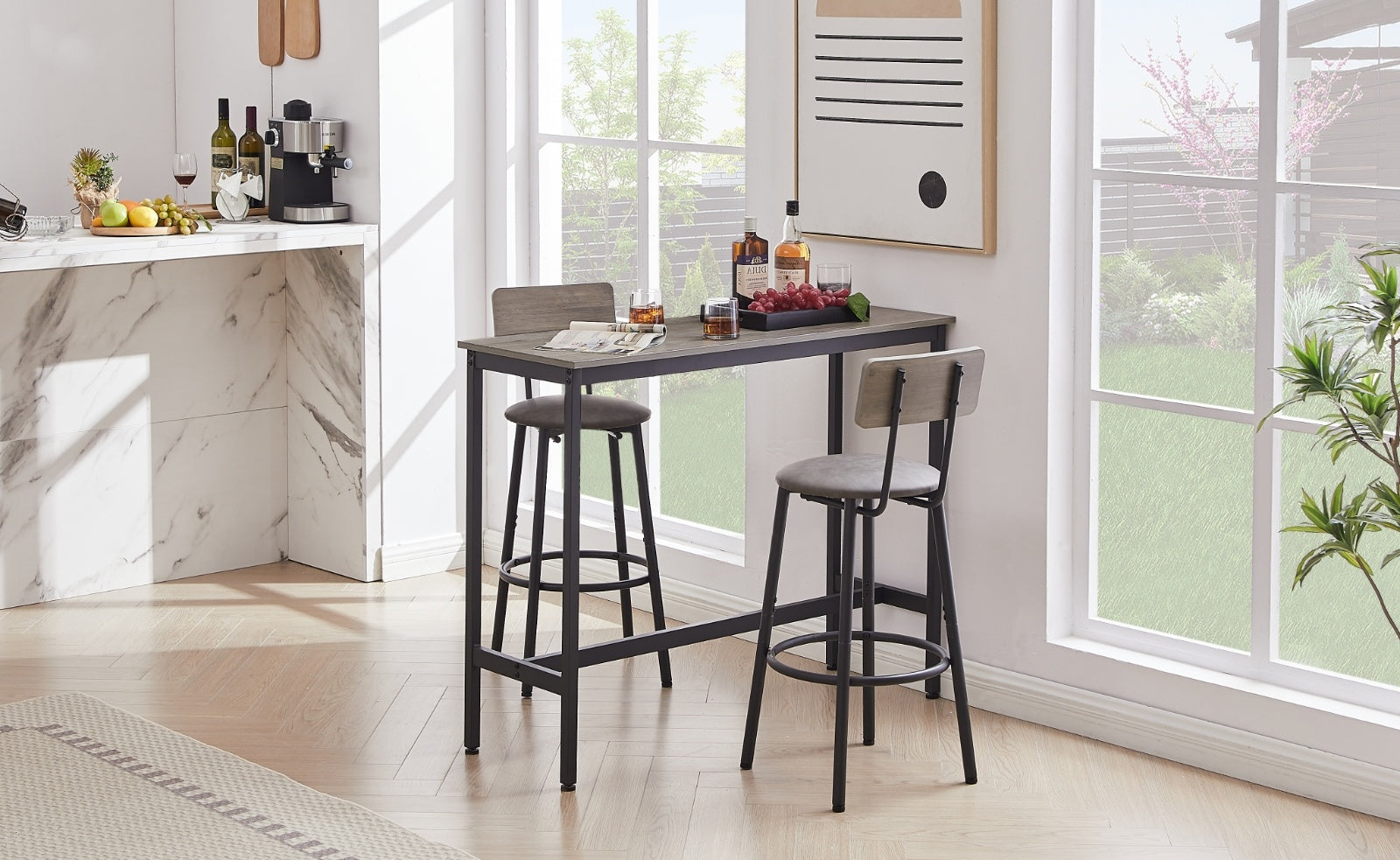 Bar Table Set With 2 Stools, PU Soft Seat & Backrest, Grey, 43.31x15.75x35.43 In