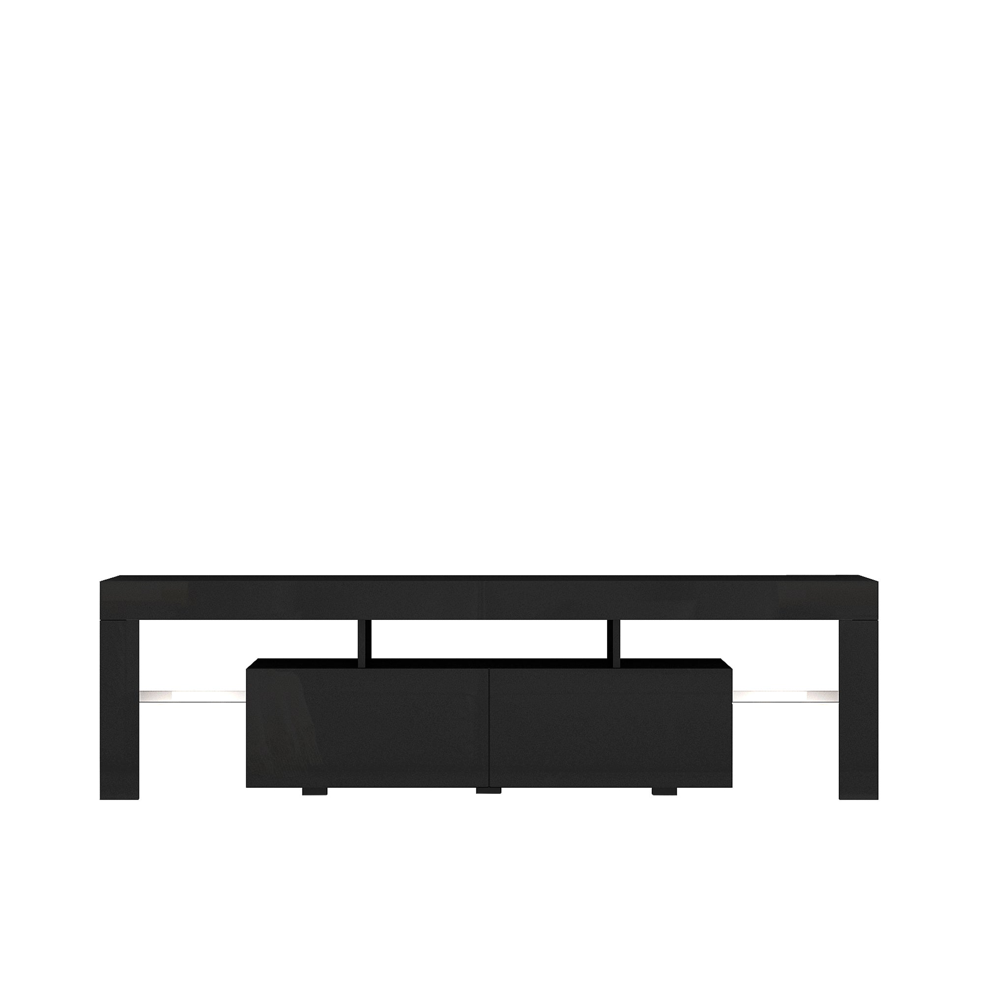 High Gloss TV Stand With LED Lights For TVs Up To , Modern TV Console With Storage Cabinets For Living Room,Black