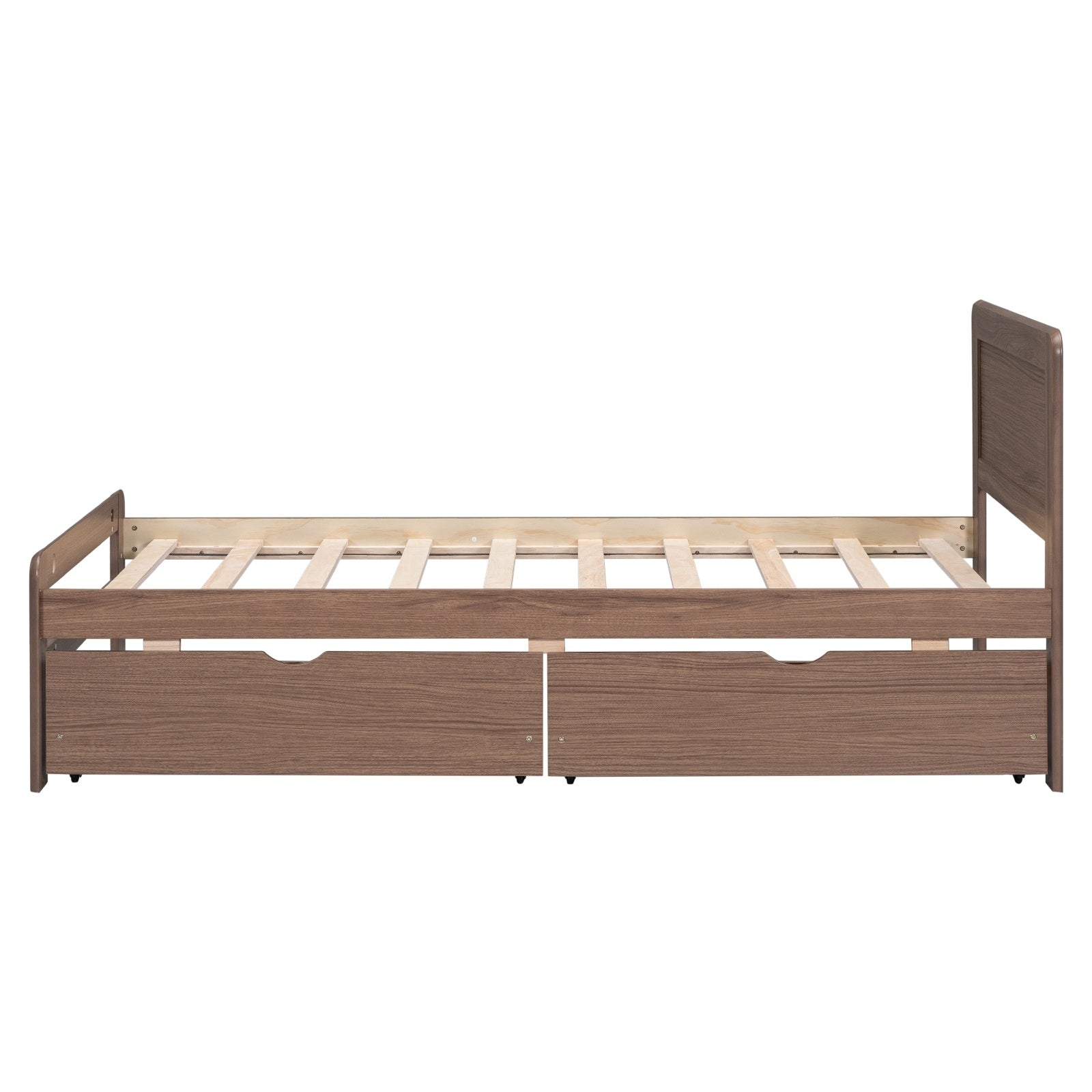 Modern Design Twin Size Platform Bed Frame With 2 Drawers For Walnut Color