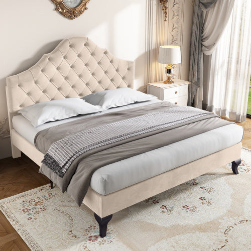 Upholstered Bed With Slatted Frame And Headboard, 4ft6 Double Bed,135x190,Upholstered Bed With Height-adjustable Headboard, Youth Bed, Wooden Slat Support, Easy Assembly, Velvet, Beige