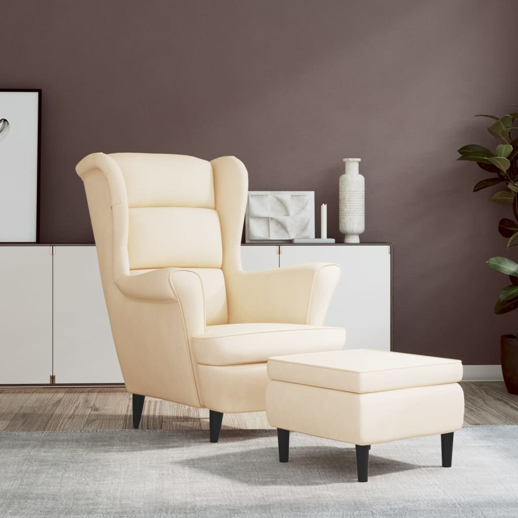 Wingback Chair with Footstool Cream Velvet