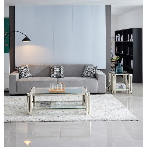 Modern Stainless Steel Coffee Table Set  Set Of 2, Double-Layer Clear Tempered Glass Table Top, Coffee Table  End Side Table 2-Pieces Sets For Living Room Home Office CJDropshipping