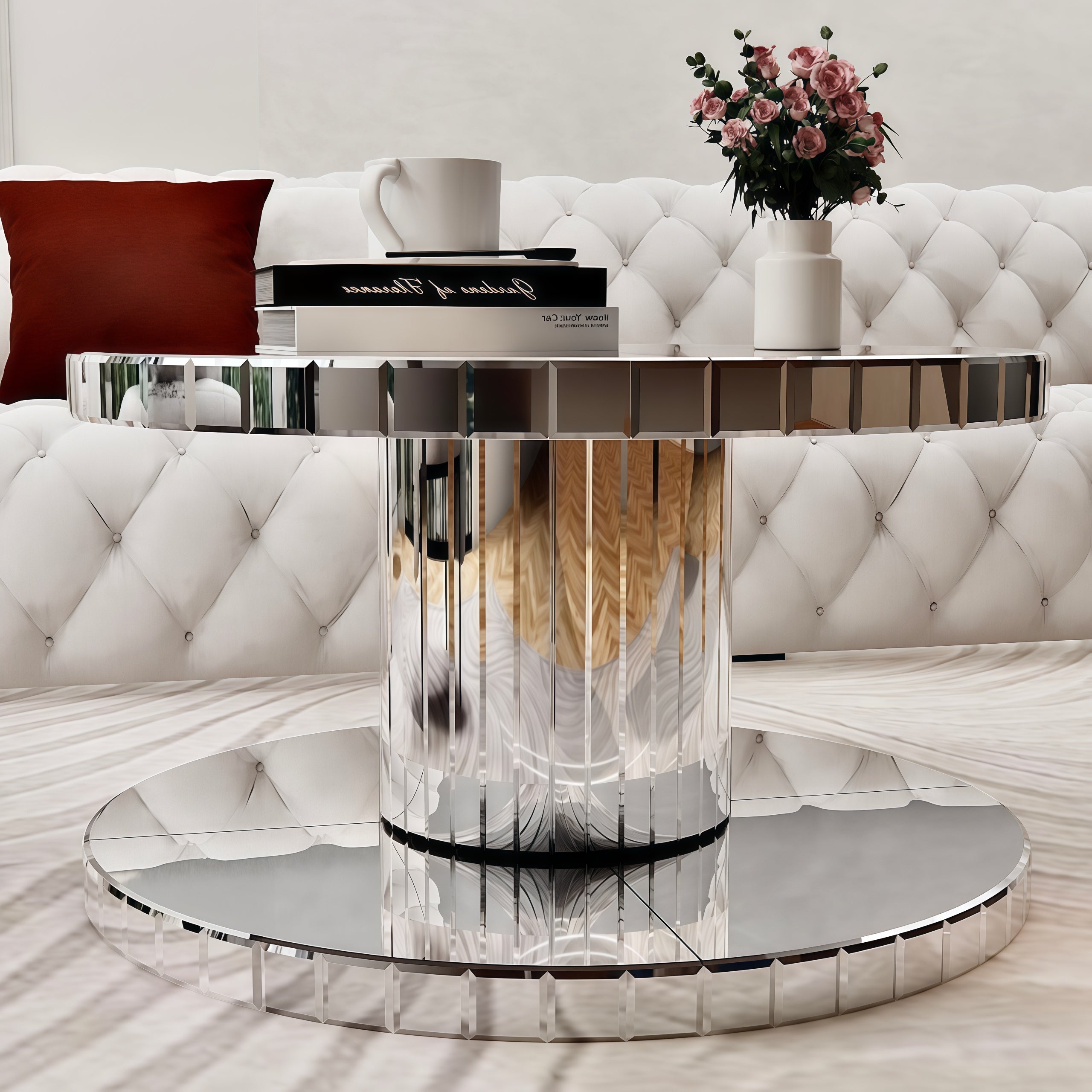 Luxury Double-Tier Round Mirror Coffee & End Table with Fluted Glass -