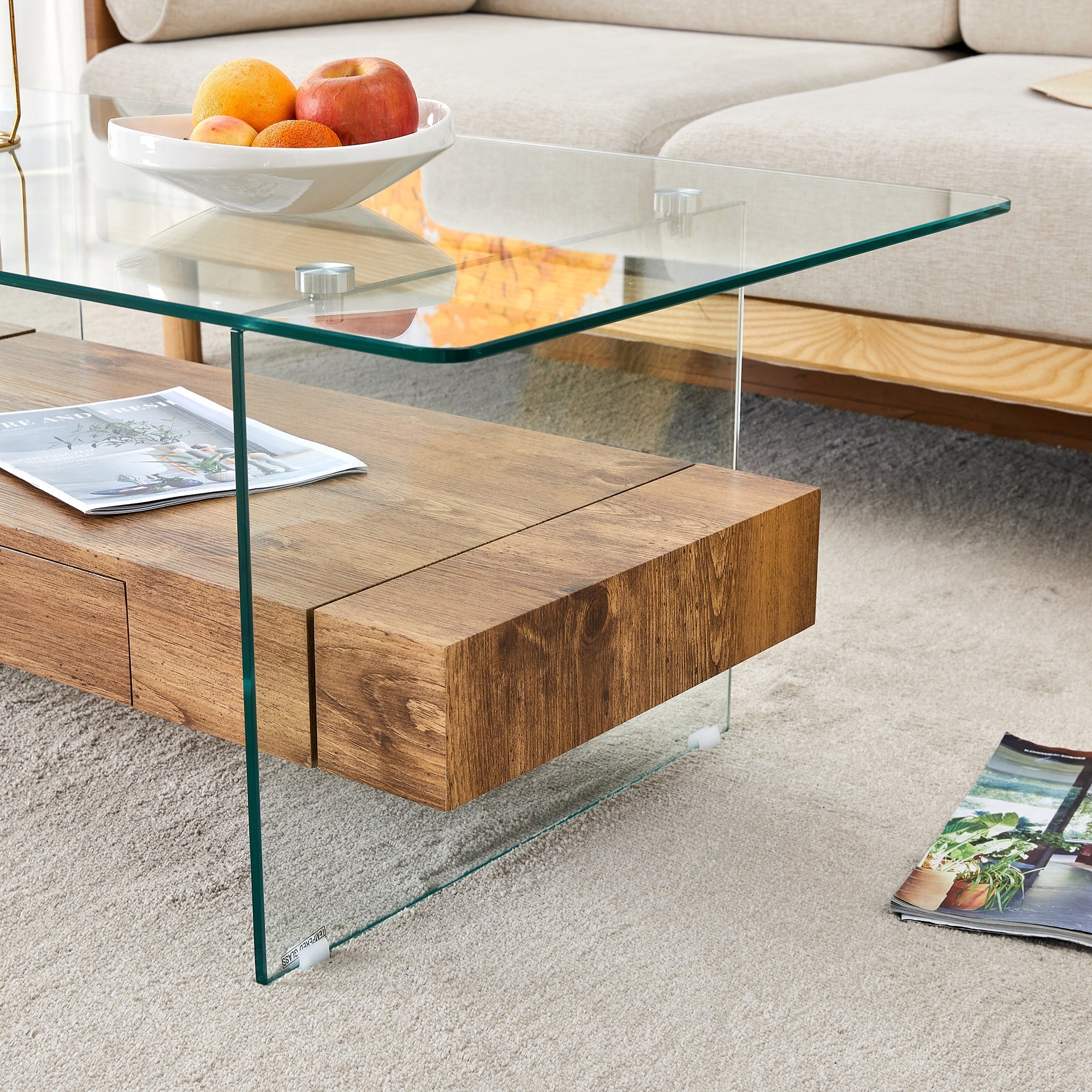 Modern Two-Tier Coffee Table - Clear Tempered Glass and Natural Wood Sangria Beech