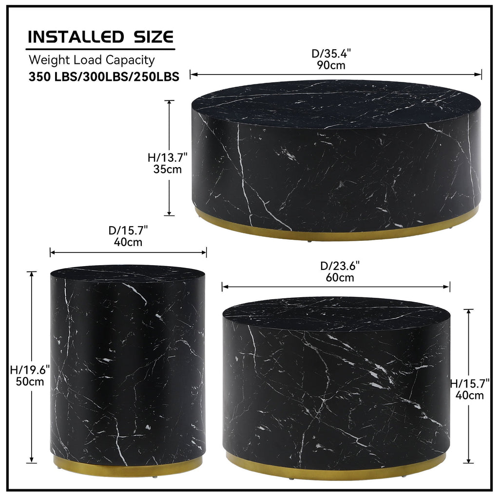 Set of 3 Black Marble Pattern  Round Coffee Table side Table End Table Olive Phaedra