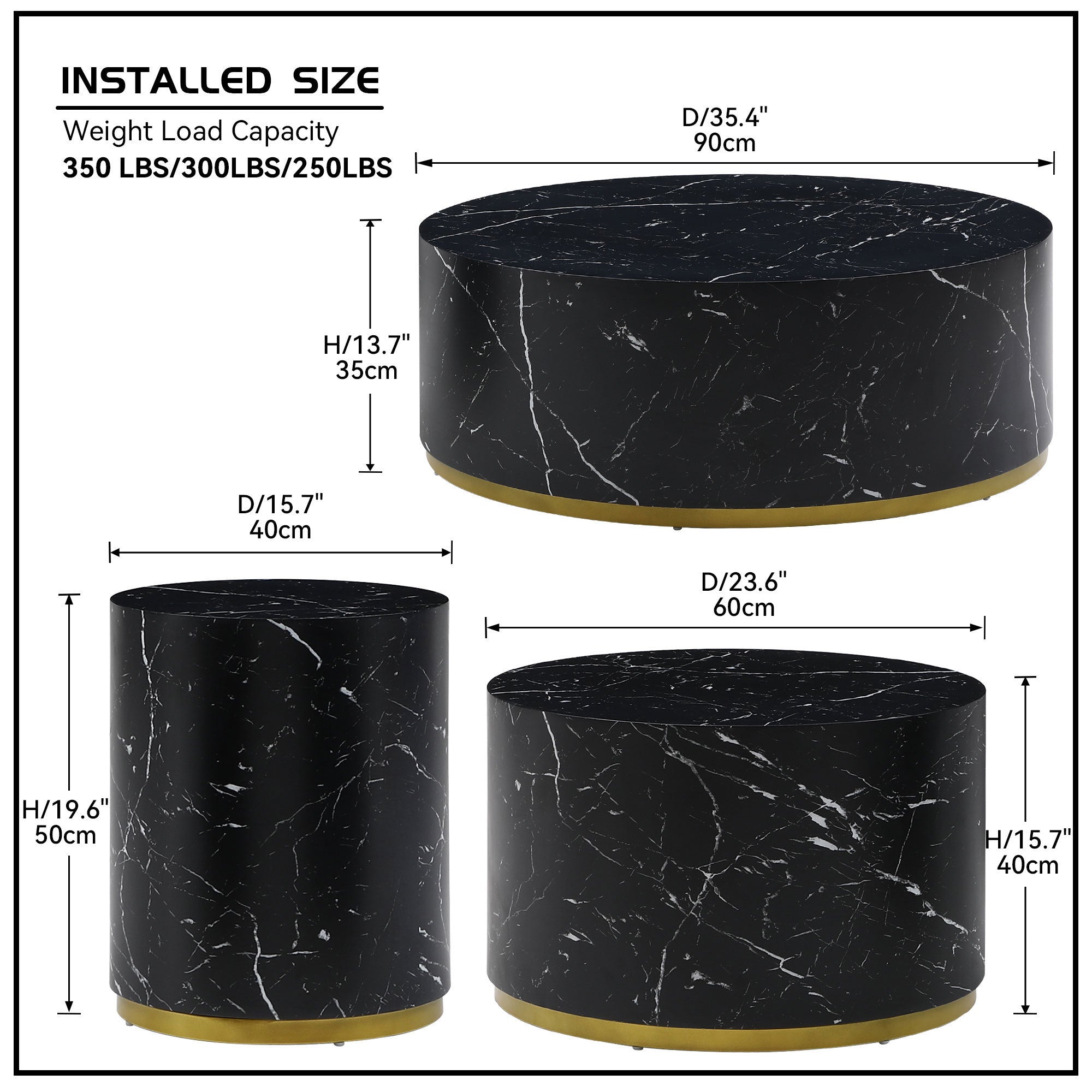 Set of 3 Black Marble Pattern  Round Coffee Table side Table End Table Olive Phaedra