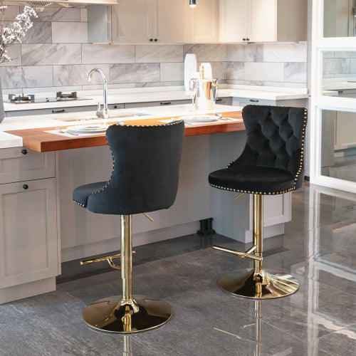 Golden Swivel Velvet Barstools Adjusatble Seat Height From 25-33 Inch Black,Set Of 2