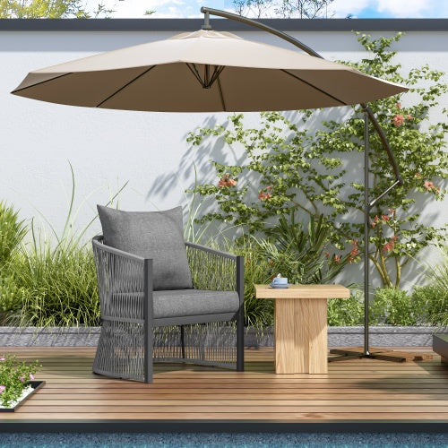 Modern Gray Curved Aluminum Lounge Chair With Stylish Rope-Weave Design And Cushioned Comfort, Perfect For Outdoor Living