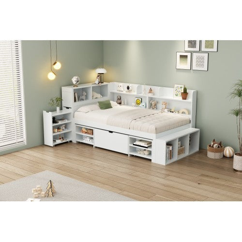 Children's Bed, Single Bed-3ft 90x190cm, Single Bed, Multifunctional Children's Bed With Drawers, Bookcase And Storage Cupboard, Large Storage Space, Slatted Frame, Without Mattress, White