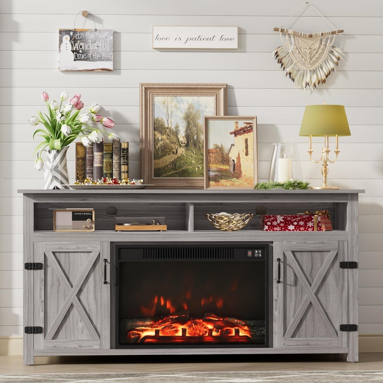 Farmhouse Fireplace TV Stand for Tvs up to 65 Inch Highboy Peach Maple