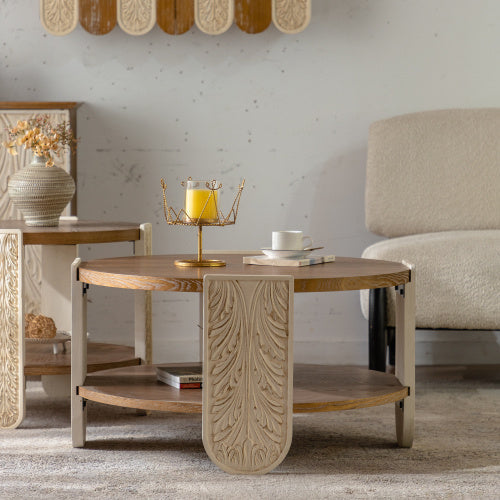 Carved Wooden Coffee Table, Retro End Table With Double-Layer Storage, Small Side Table For Living Room, Palace Style Bedside Table For Small Spaces CJDropshipping