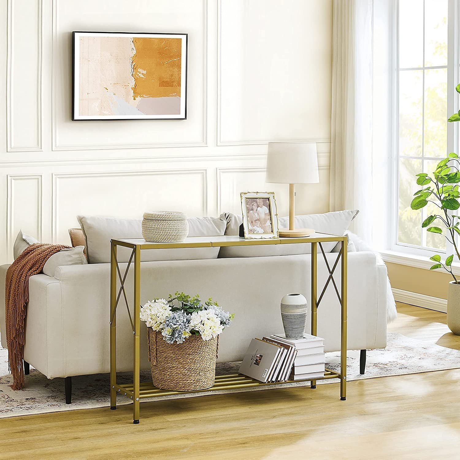 Gold and White Narrow Console Table with Shelves Peach Maple