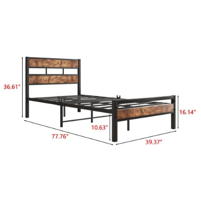 Twin Size Platform Bed Frame With Rustic Vintage Wood Headboard, Strong Metal Slats Support, No Box Spring Needed