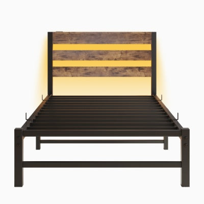 Twin Size Bed Frame Heavy Duty Platform Bed Frame With Headboard, USB Charging Station, LED Bed, No Box Spring Needed, Mattress Foundation, Strong Steel Slats, Noise Free, Brown CJDropshipping