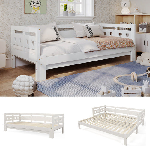 Daybed Cabin Bed Wooden 3FT Single Sofa Guest Bed Sofa Bed, Pull Out Trundle Wooden Bed Heart-Shaped For Children Adults Bed For Living Room And Bedroom -90 X190 Cm -White