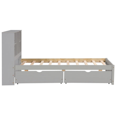 Modern Twin Size Bed Frame With Built-in USB Port On Bookcase Headboard And 2 Drawers For Grey Color