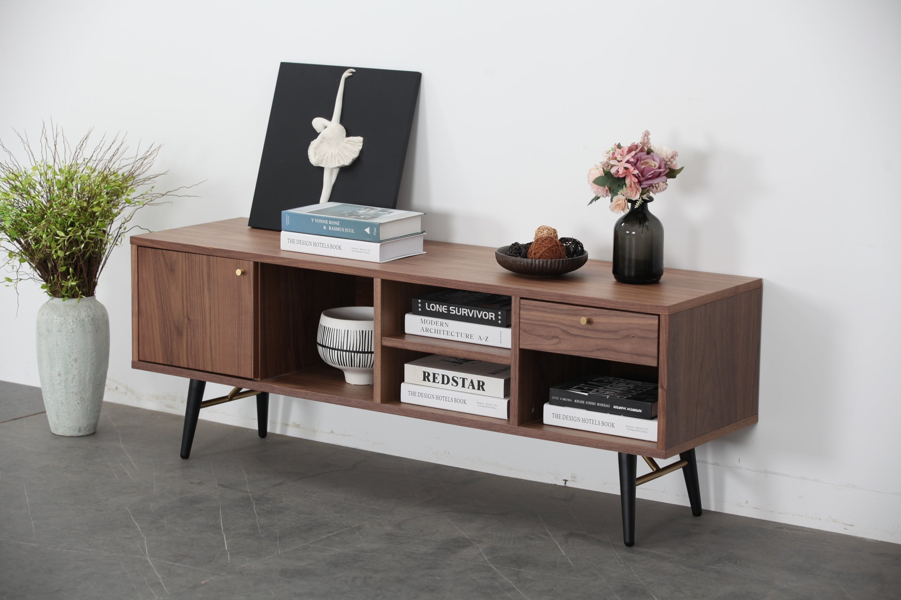 Mid-Century Modern Low Profile Media Console TV Stand, Walnut Sangria Beech