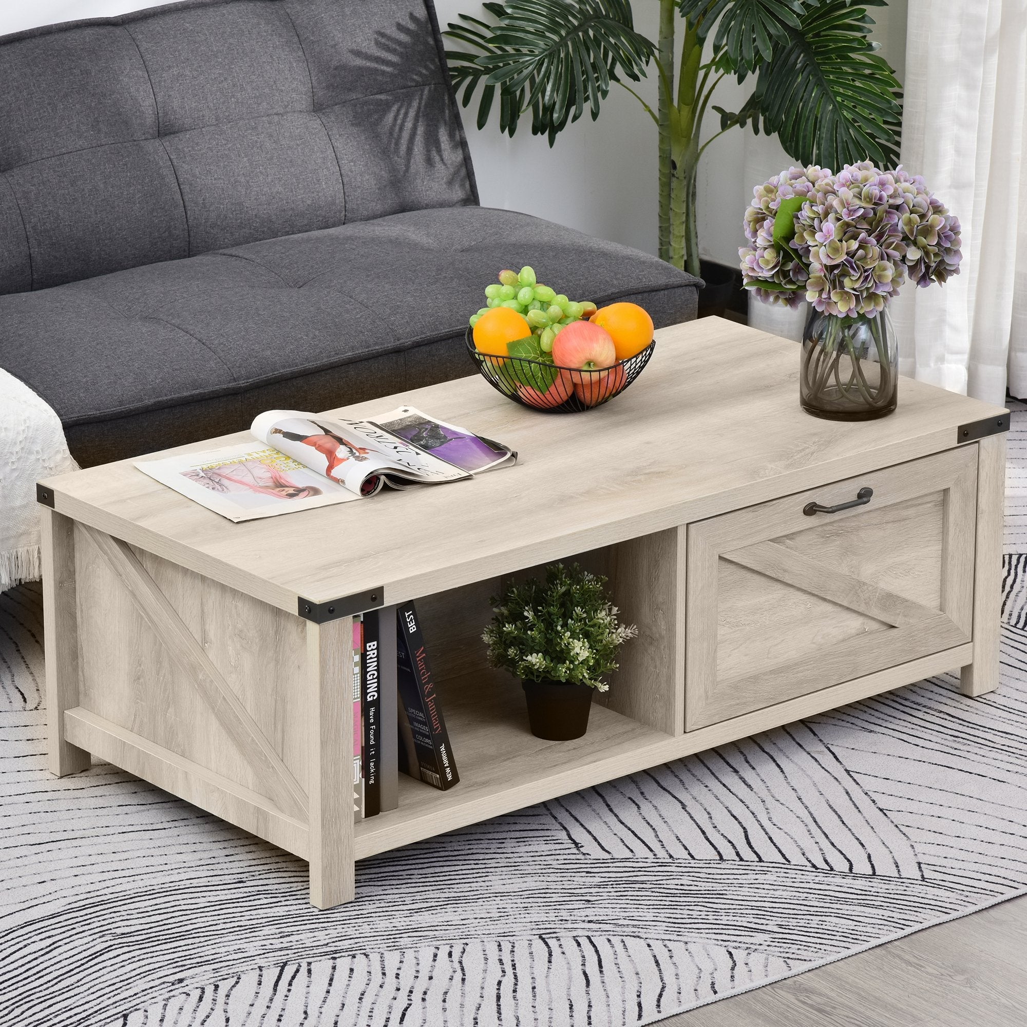 HOMCOM Industrial Coffee Table Side End Table with Drawer, Open Taupe Shadow