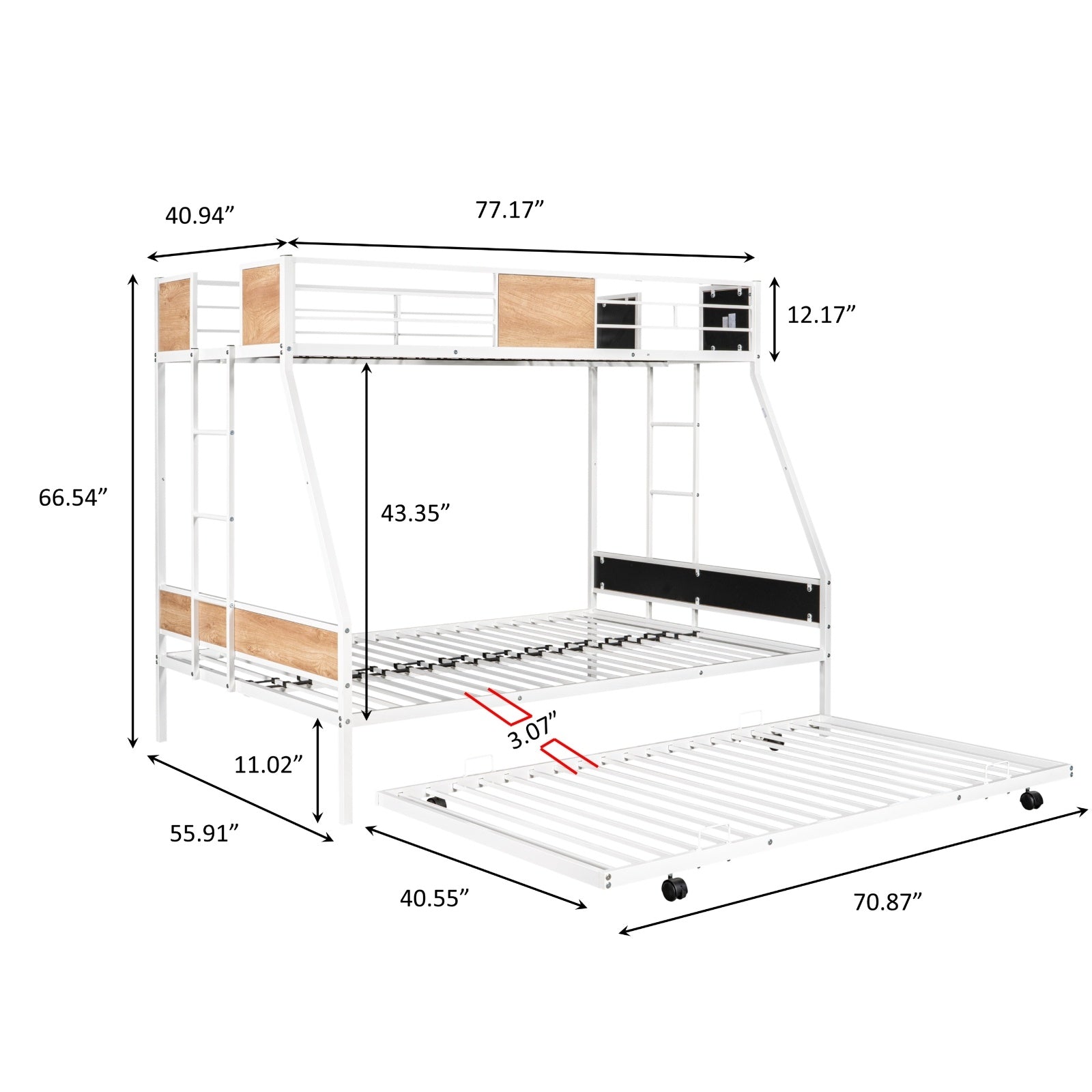 Metal Twin Over Full Bunk Bed With Trundle, Heavy-Duty, Noise Reduced, Guardrail