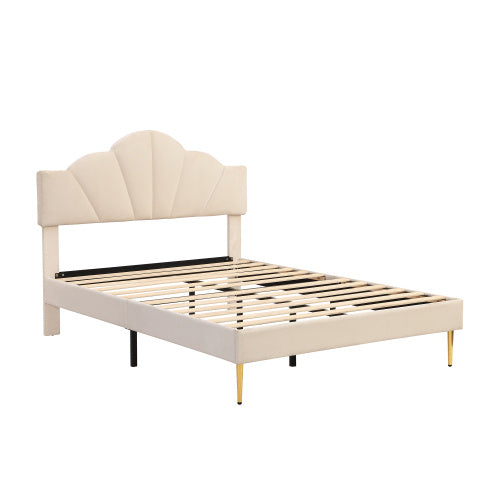 Velvet Upholstered Bed,Double Bed-4ft6 135x190cm, Shell-like Bed With Golden Iron Legs, Height-adjustable Headboard, Wooden Slatted Frame, Beige