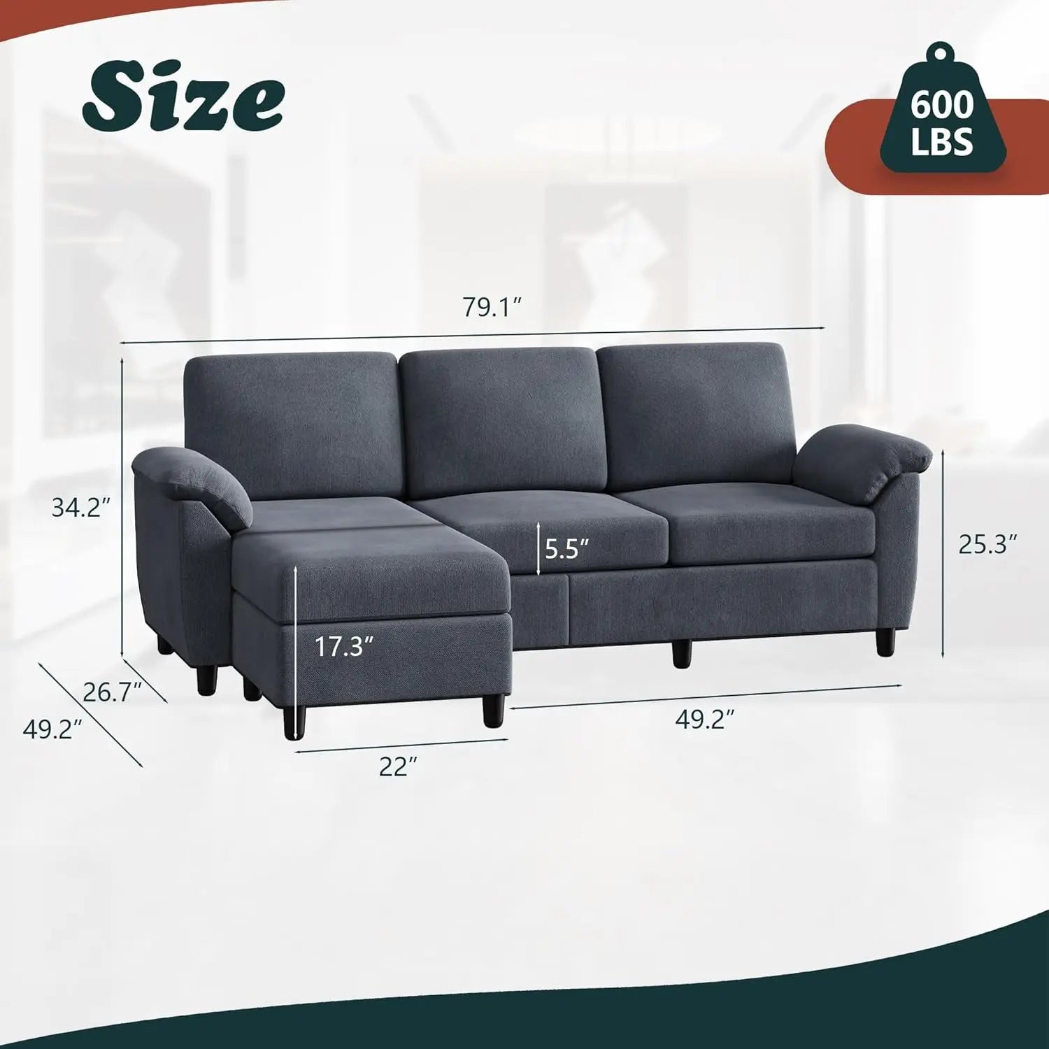 Gray Linen Sectional Sofa with Pillows Peach Maple
