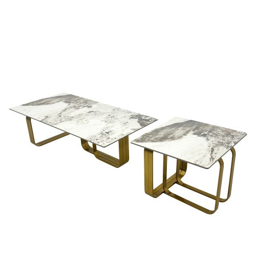 LuneluX_Home – Modern Sintered Stone Coffee Table Set with Gold Frame Carmine Juneberry