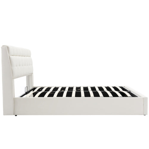 Fashion Upholstered Bed,150x200  5ft, King Bed,Hydraulic Bed,Concealed Headboard Storage,Bed Box Storage,PU,With Slats And Headboard,Without Mattress,Cream White